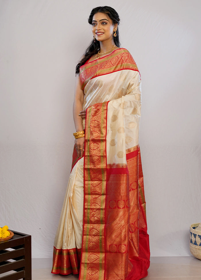 Cream Kanjivaram Silk Saree With Blouse Piece - Indian Silk House Agencies