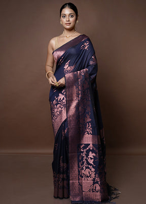 Blue Dupion Silk Saree With Blouse Piece