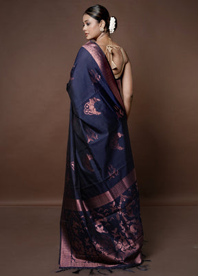 Blue Dupion Silk Saree With Blouse Piece