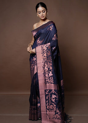 Blue Dupion Silk Saree With Blouse Piece