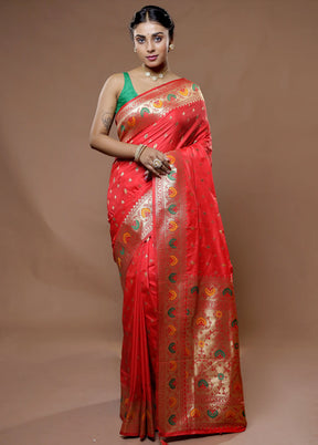 Red Dupion Silk Saree With Blouse Piece - Indian Silk House Agencies