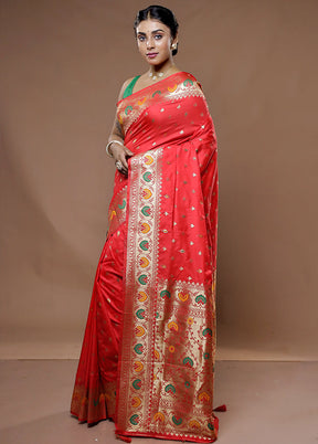 Red Dupion Silk Saree With Blouse Piece - Indian Silk House Agencies