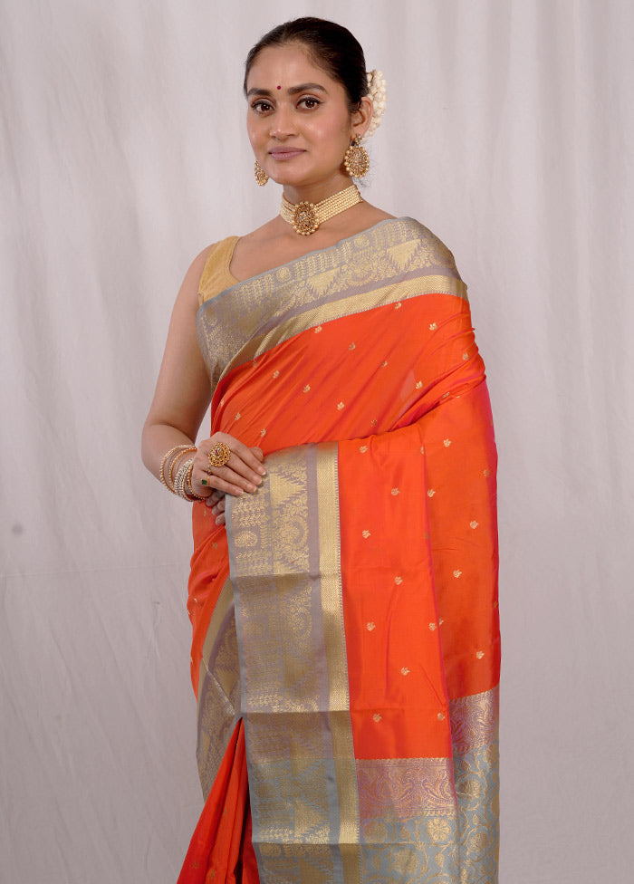 Orange Kanjivaram Silk Saree With Blouse Piece - Indian Silk House Agencies