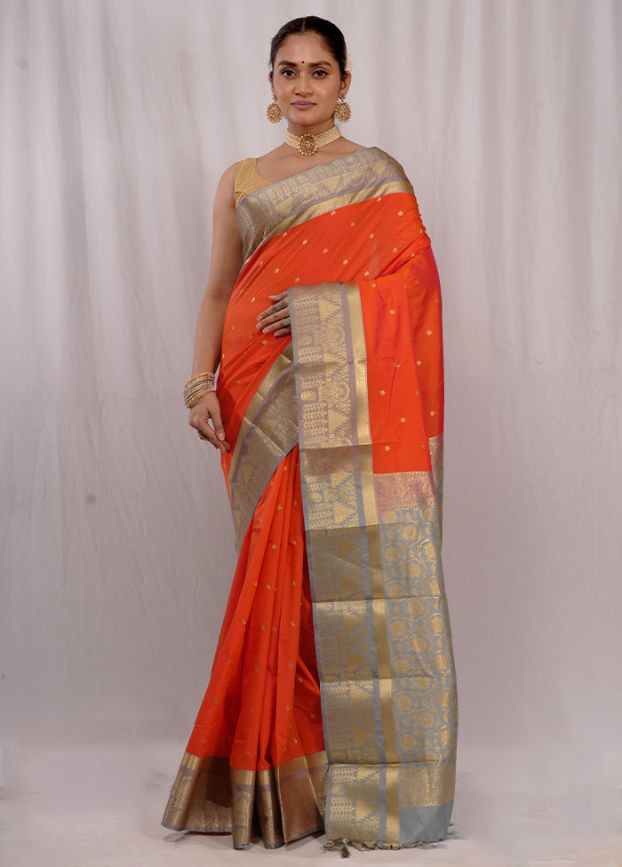 Orange Kanjivaram Silk Saree With Blouse Piece - Indian Silk House Agencies