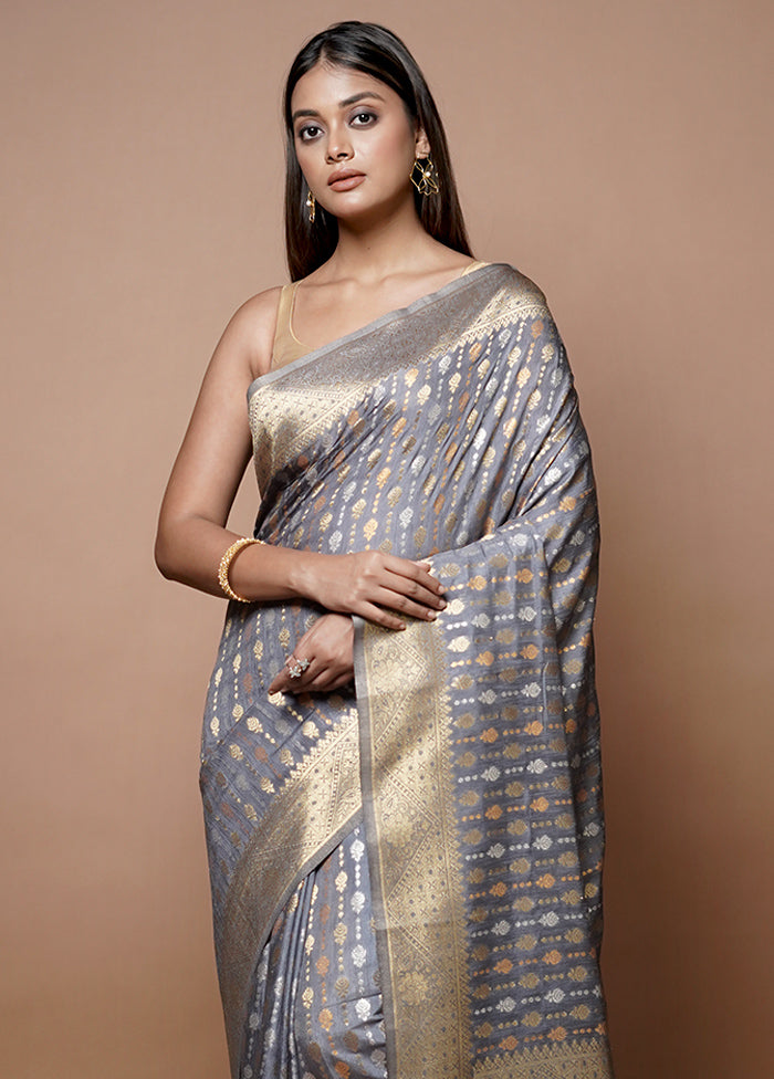 Grey Dupion Silk Saree With Blouse Piece