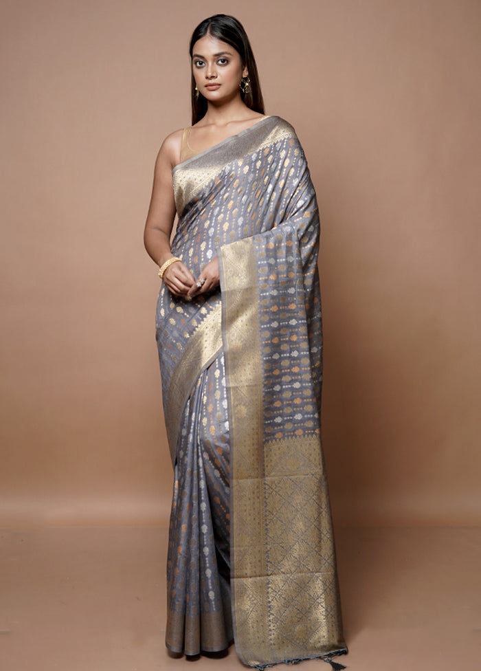 Grey Dupion Silk Saree With Blouse Piece