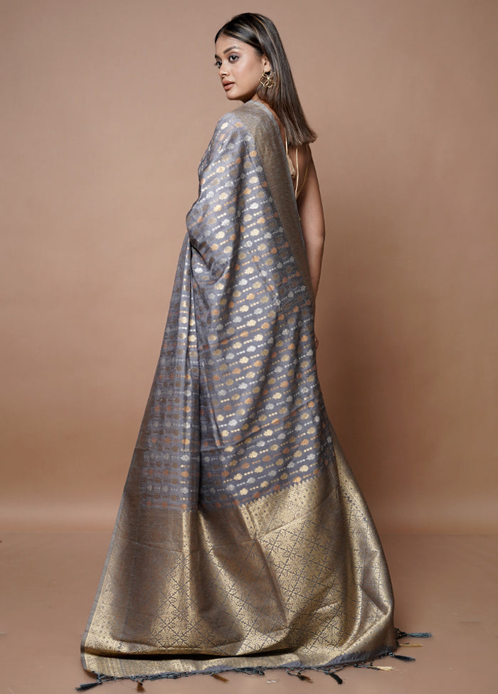 Grey Dupion Silk Saree With Blouse Piece