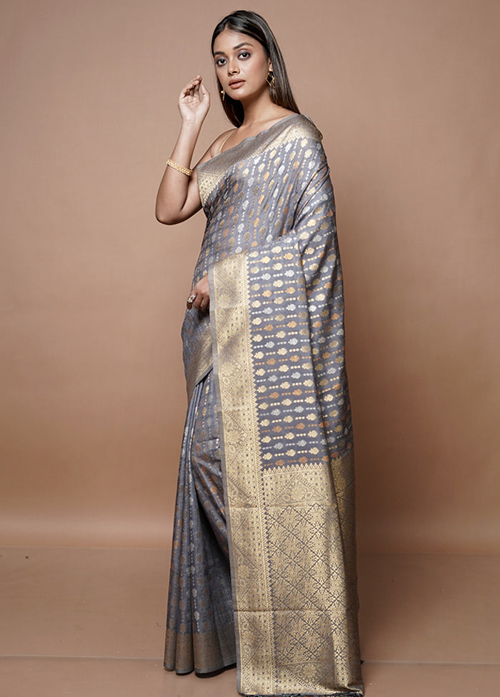 Grey Dupion Silk Saree With Blouse Piece