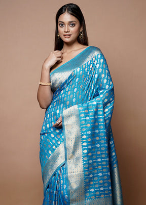 Blue Dupion Silk Saree With Blouse Piece