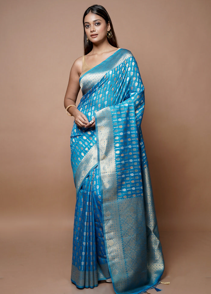 Blue Dupion Silk Saree With Blouse Piece