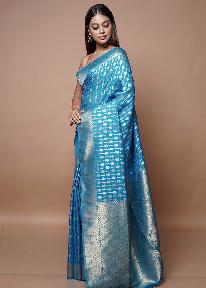 Blue Dupion Silk Saree With Blouse Piece