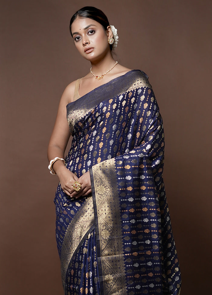 Blue Dupion Silk Saree With Blouse Piece