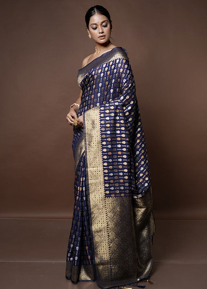 Blue Dupion Silk Saree With Blouse Piece