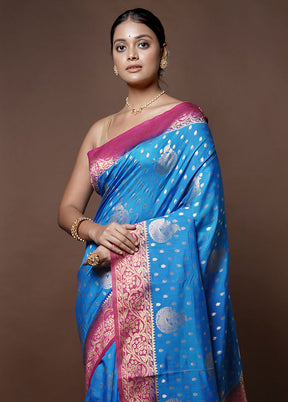 Blue Banarasi Silk Saree With Blouse Piece