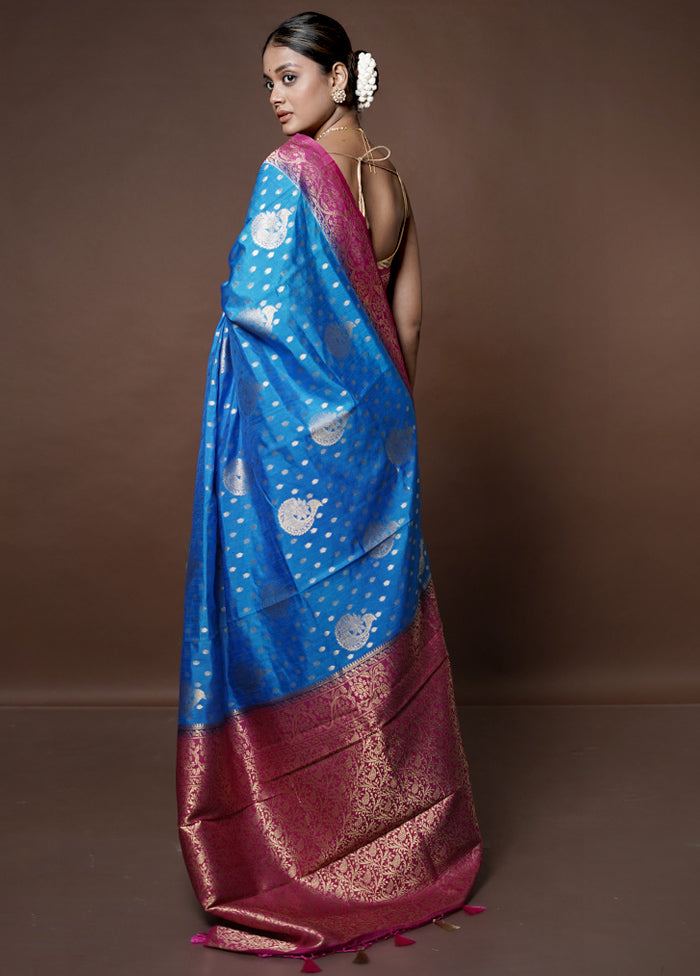 Blue Banarasi Silk Saree With Blouse Piece