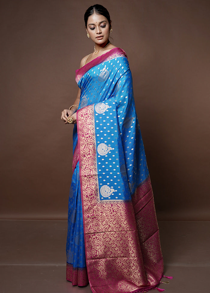 Blue Banarasi Silk Saree With Blouse Piece