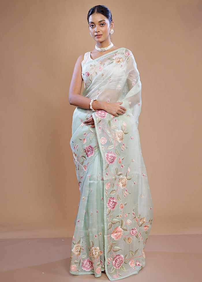 Green Pure Organza Saree With Blouse Piece - Indian Silk House Agencies