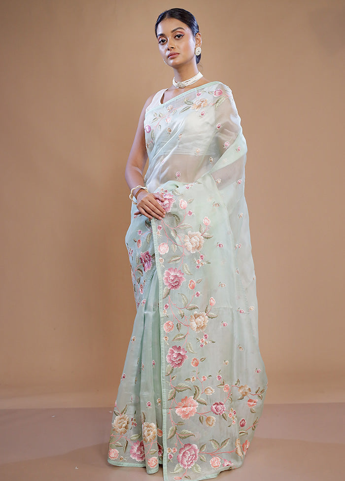 Green Pure Organza Saree With Blouse Piece - Indian Silk House Agencies