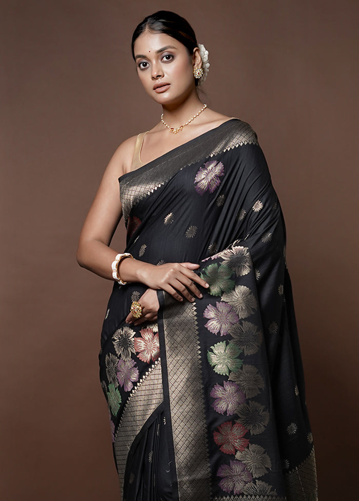 Black Dupion Silk Saree With Blouse Piece