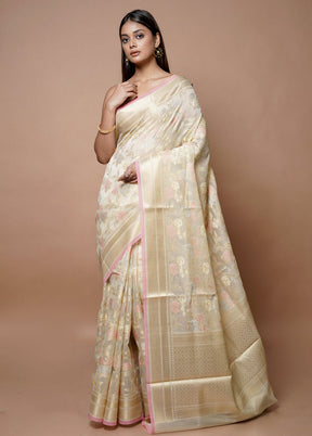 Cream Kora Silk Saree With Blouse Piece