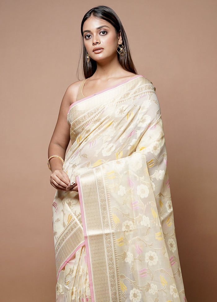 Cream Kora Silk Saree With Blouse Piece