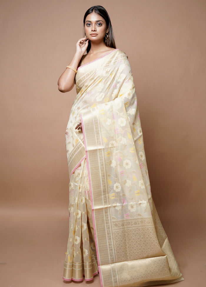 Cream Kora Silk Saree With Blouse Piece