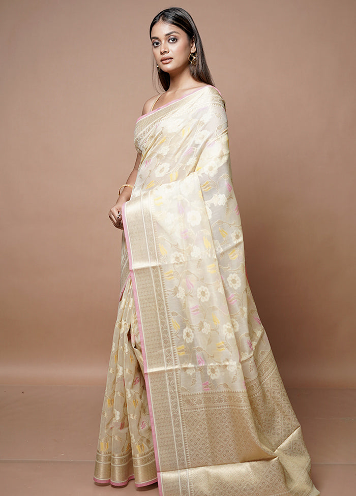 Cream Kora Silk Saree With Blouse Piece