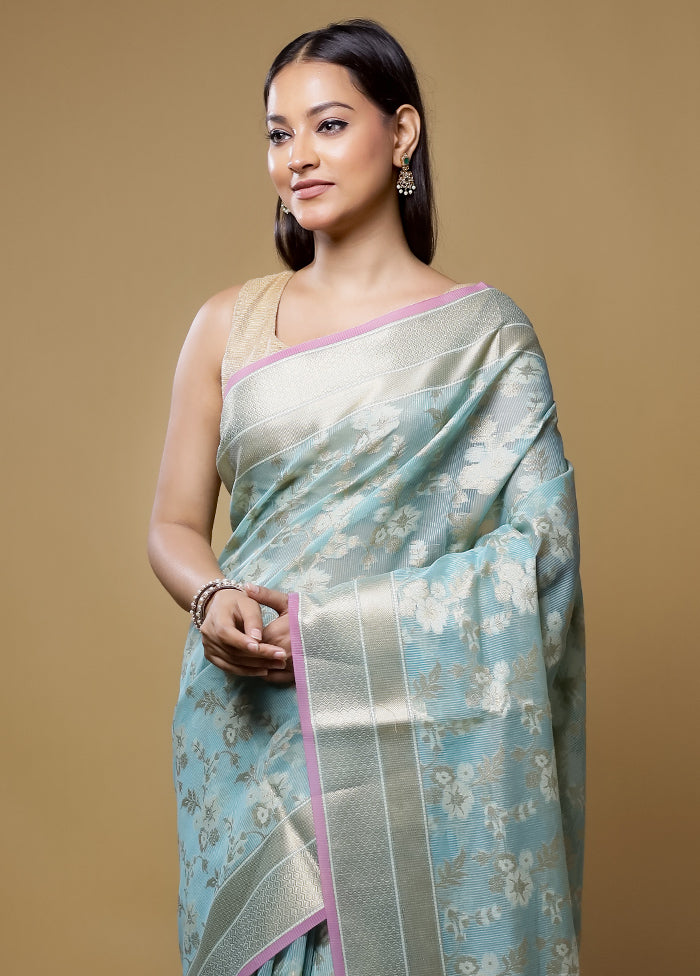 Blue Kora Silk Saree With Blouse Piece