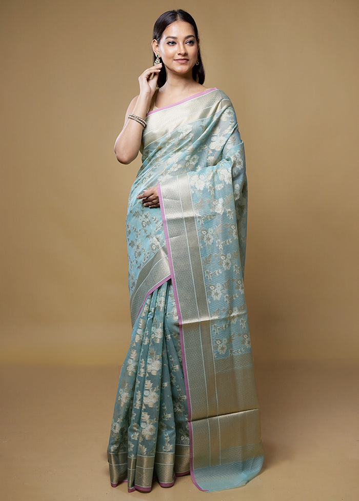 Blue Kora Silk Saree With Blouse Piece