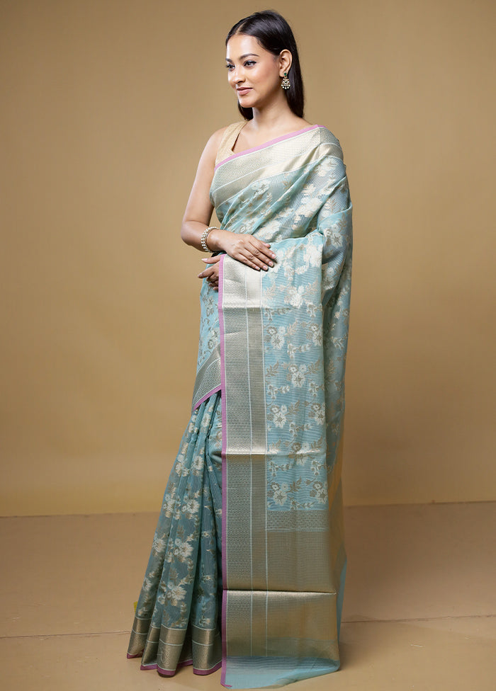 Blue Kora Silk Saree With Blouse Piece