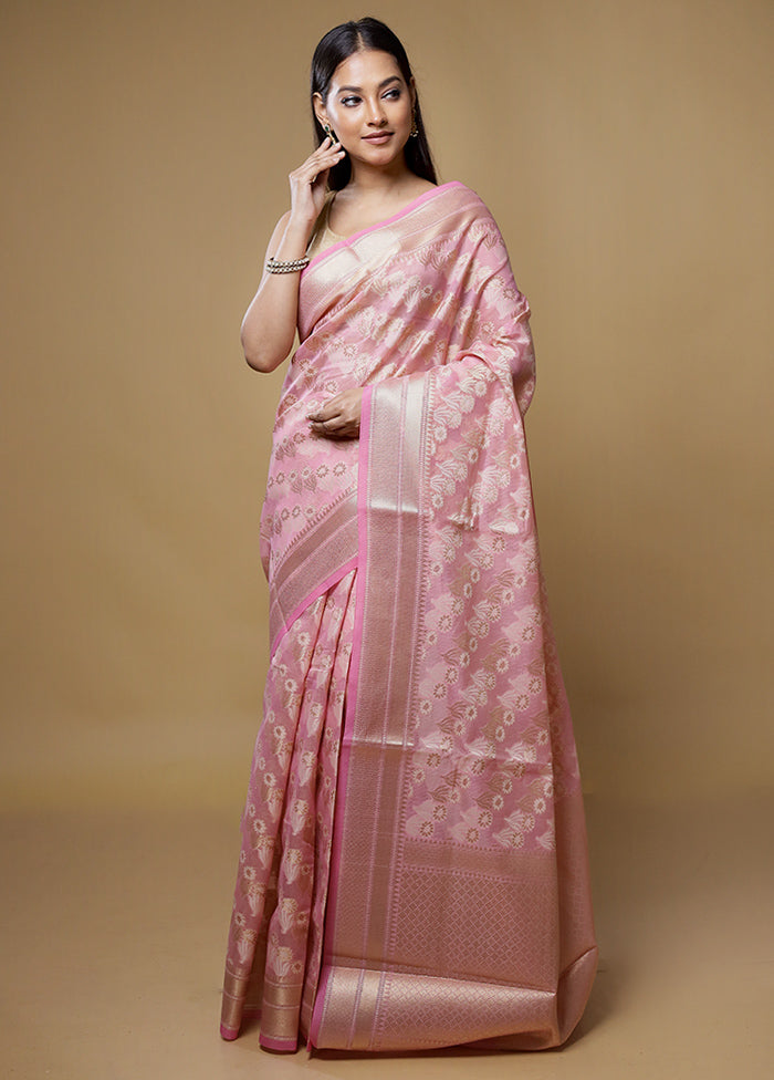 Peach Kora Silk Saree With Blouse Piece