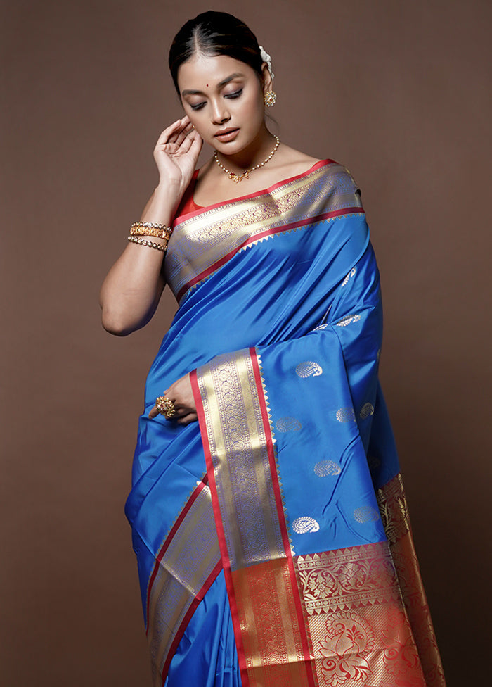 Blue Kanjivaram Silk Saree With Blouse Piece