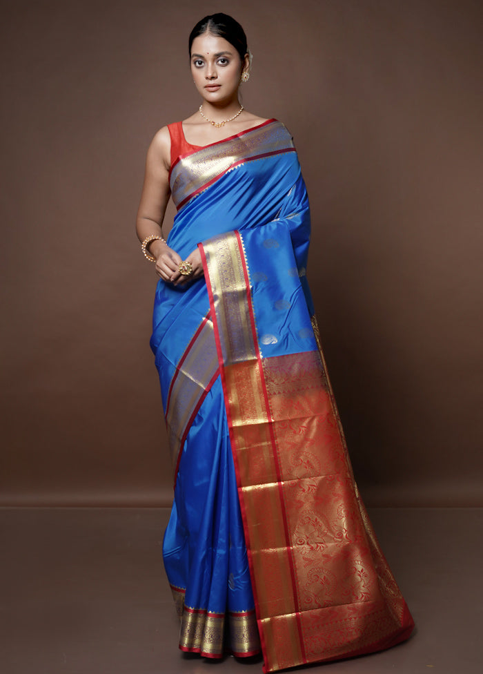 Blue Kanjivaram Silk Saree With Blouse Piece