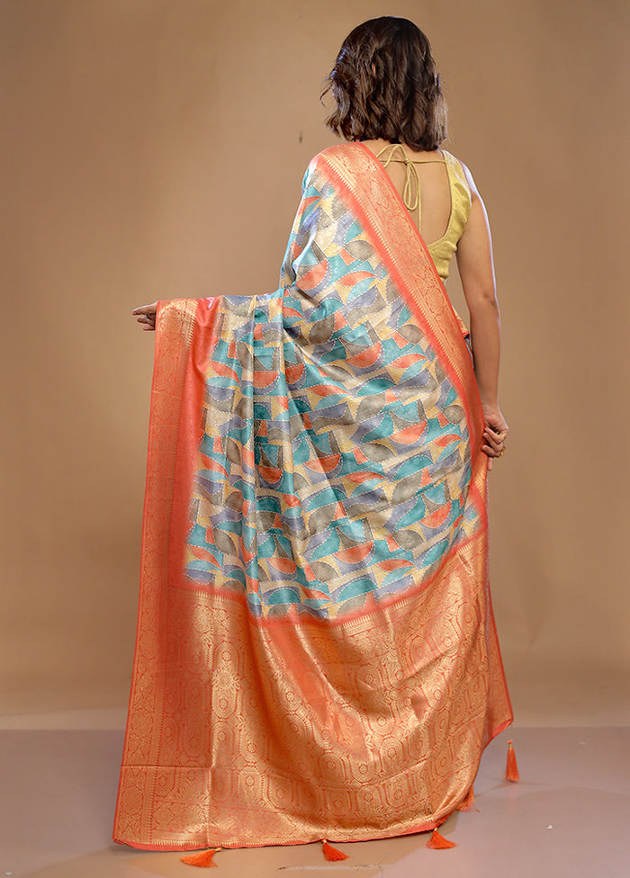 Blue Dupion Silk Saree With Blouse Piece - Indian Silk House Agencies