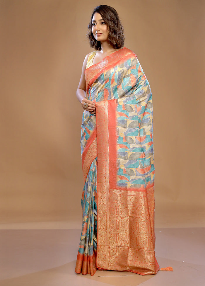 Blue Dupion Silk Saree With Blouse Piece - Indian Silk House Agencies