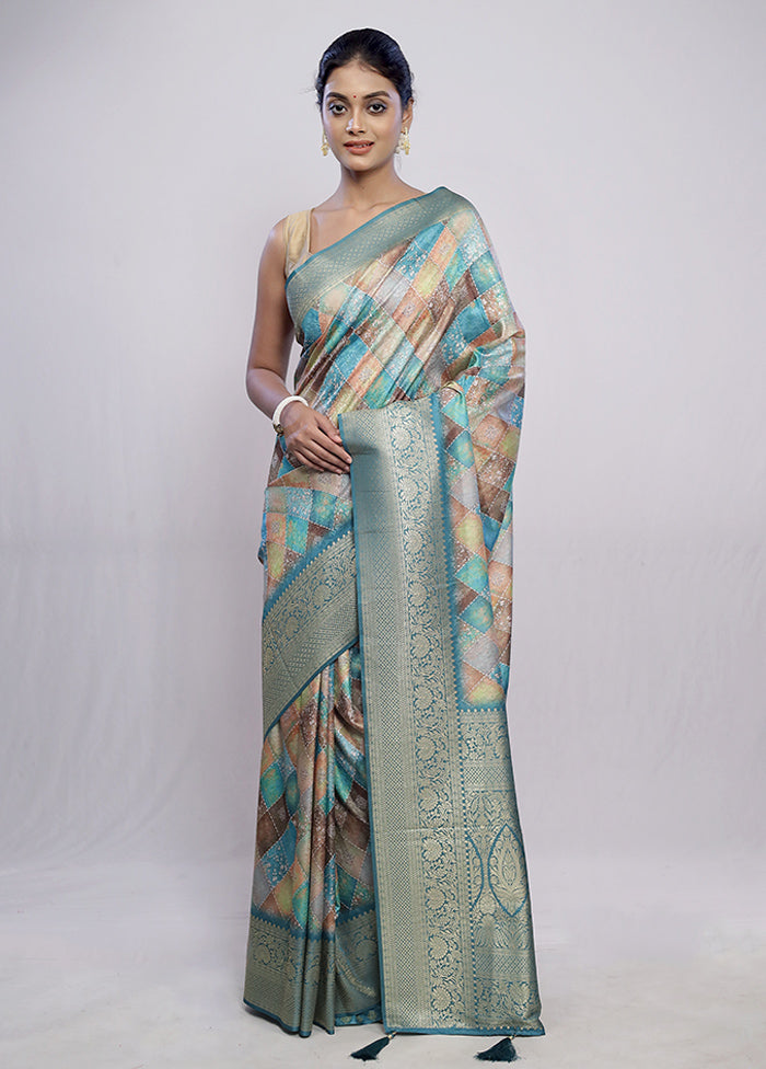 Blue Dupion Silk Saree With Blouse Piece - Indian Silk House Agencies