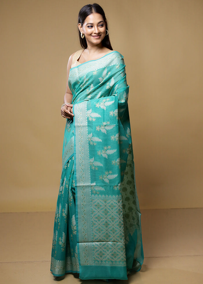 Blue Kora Silk Saree With Blouse Piece