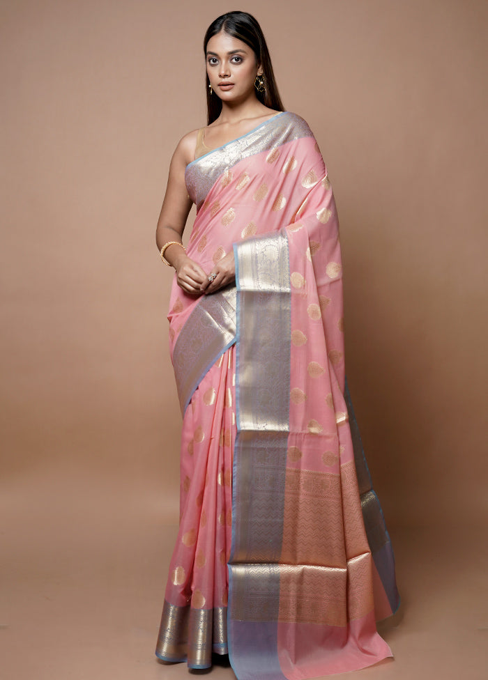 Pink Kora Silk Saree With Blouse Piece