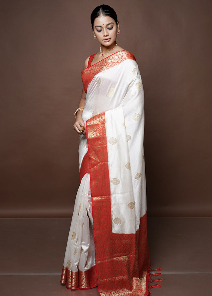 White Dupion Silk Saree With Blouse Piece