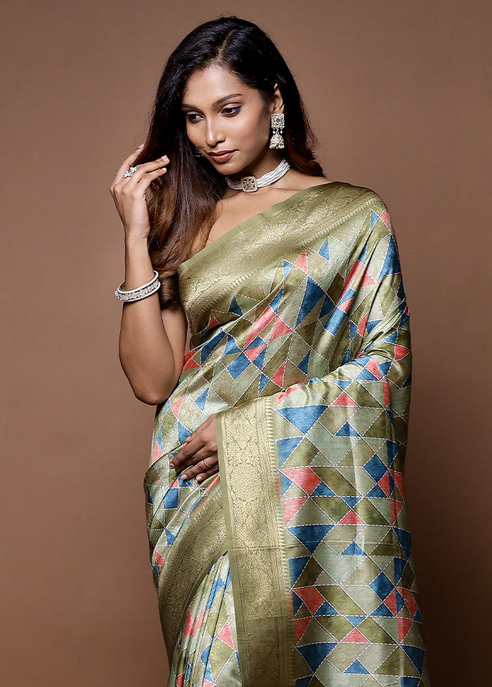 Green Dupion Silk Saree With Blouse Piece - Indian Silk House Agencies