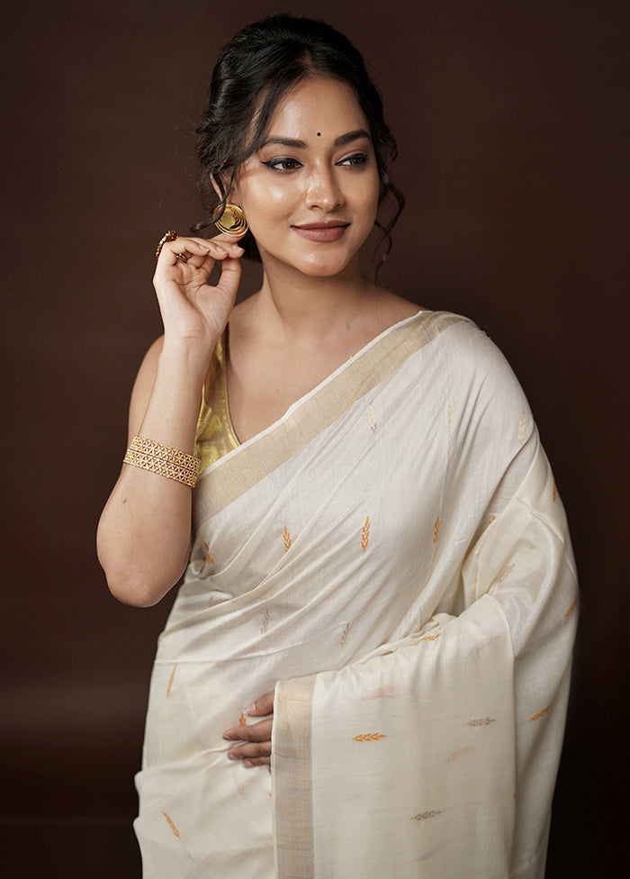 Cream Tussar Pure Silk Saree With Blouse Piece - Indian Silk House Agencies