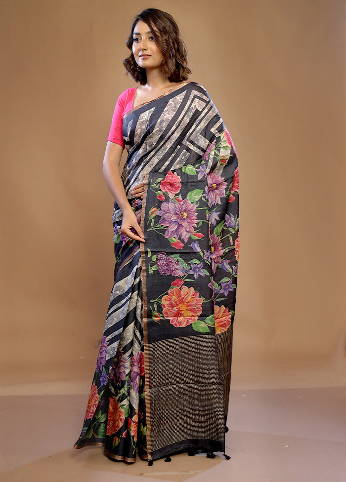 Black Tussar Pure Silk Saree With Blouse Piece - Indian Silk House Agencies