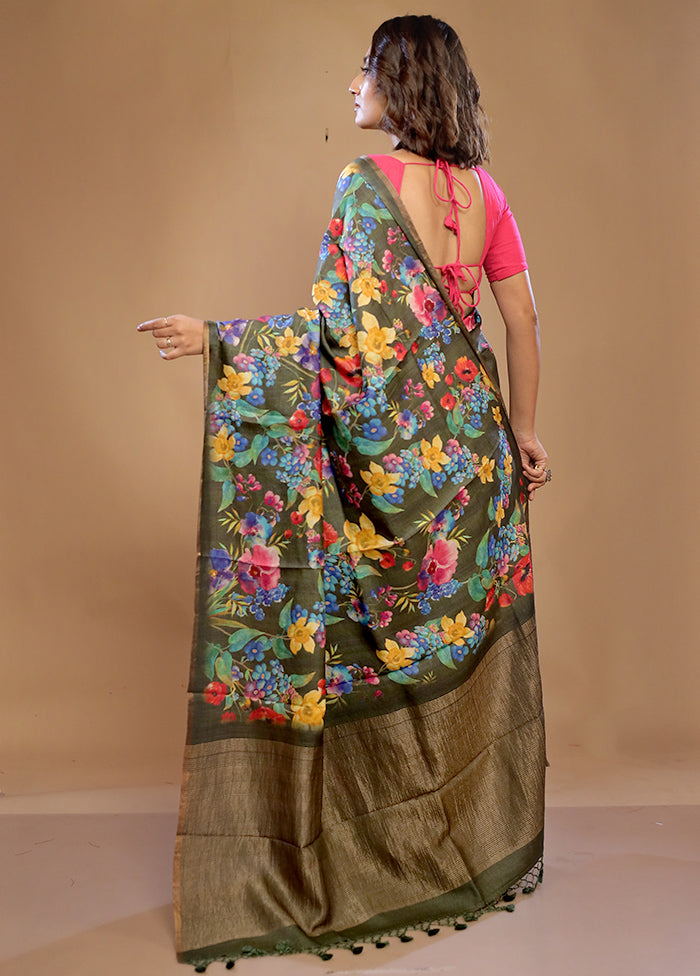 Green Tussar Pure Silk Saree With Blouse Piece - Indian Silk House Agencies