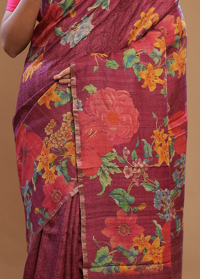 Purple Tussar Pure Silk Saree With Blouse Piece - Indian Silk House Agencies