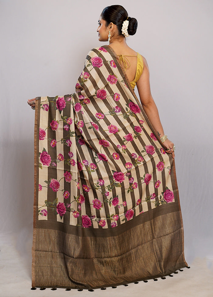 Cream Tussar Pure Silk Saree With Blouse Piece - Indian Silk House Agencies