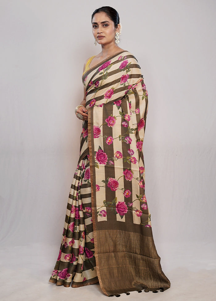 Cream Tussar Pure Silk Saree With Blouse Piece - Indian Silk House Agencies