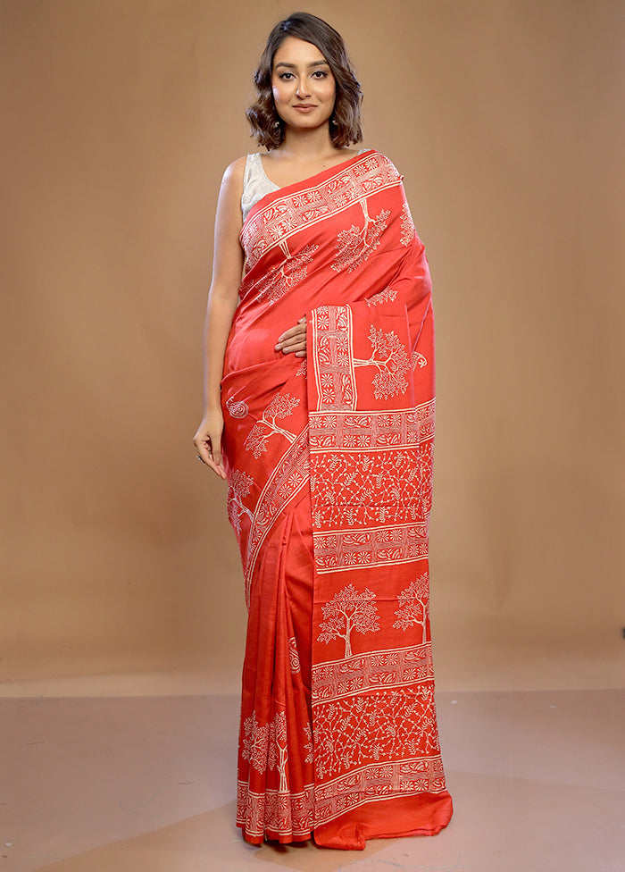 Orange Printed Pure Silk Saree With Blouse Piece - Indian Silk House Agencies