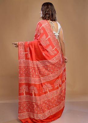 Orange Printed Pure Silk Saree With Blouse Piece - Indian Silk House Agencies