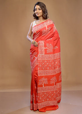 Orange Printed Pure Silk Saree With Blouse Piece - Indian Silk House Agencies