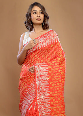 Orange Printed Pure Silk Saree With Blouse Piece - Indian Silk House Agencies